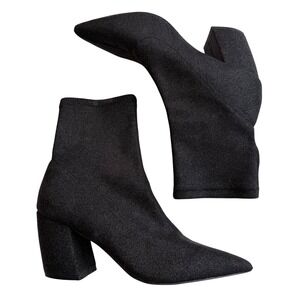 Qupid Black Glitter Sock Boot Pointed Toe Block Heel Disco Glam Night Out 8.5